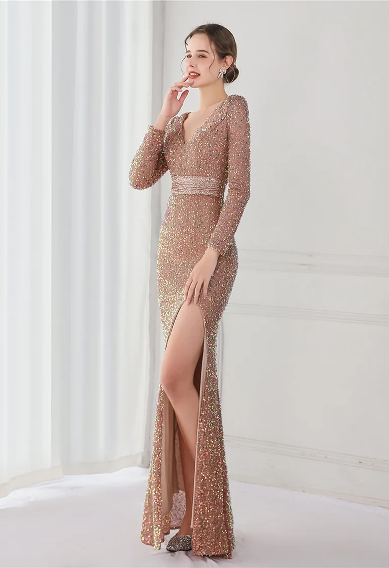 V-Neck Split Side Sequined Gown in Champagne - 4
