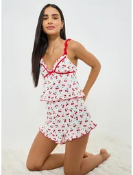 White Cherry Graphic Print Ruffle Hem Camisole and Shorts Set - 1