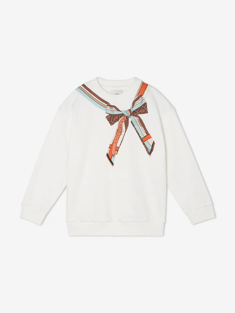 Fendi Girls Trompe l'oeil Bow Print Sweatshirt in White