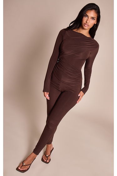 Chocolate Slinky Long Sleeve Ruched Drape Jumpsuit