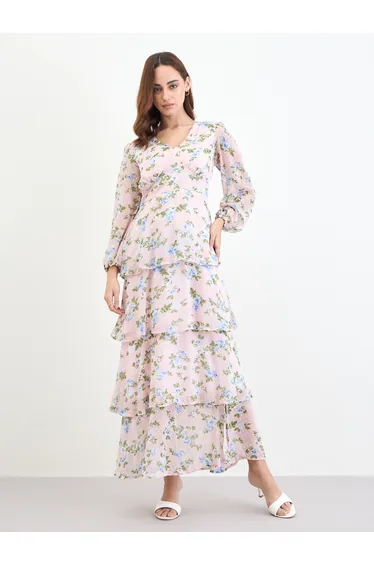 Floral Print Dobby Layered Maxi Dress