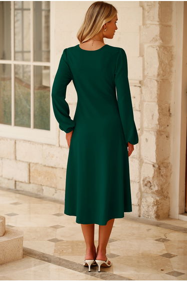 Lvness Blackish Green Solid Color Ruched Detail Long Sleeve Midi Dress product thumbnail 2