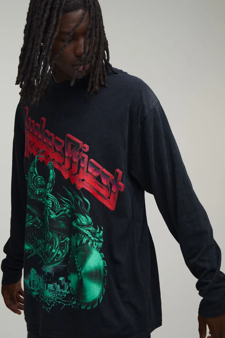 Oversized Long Sleeve Judas Priest Acid Wash License Print T-shirt - washed black - 2