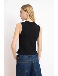 Black Fitted Sleeveless Ribbed Stretchy Knitted Tank Top - 3