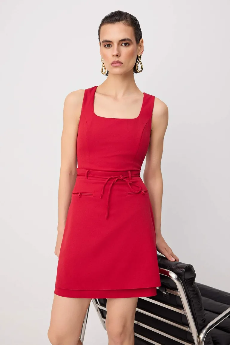 Red Plain Short / Mini Woven Dress - 1