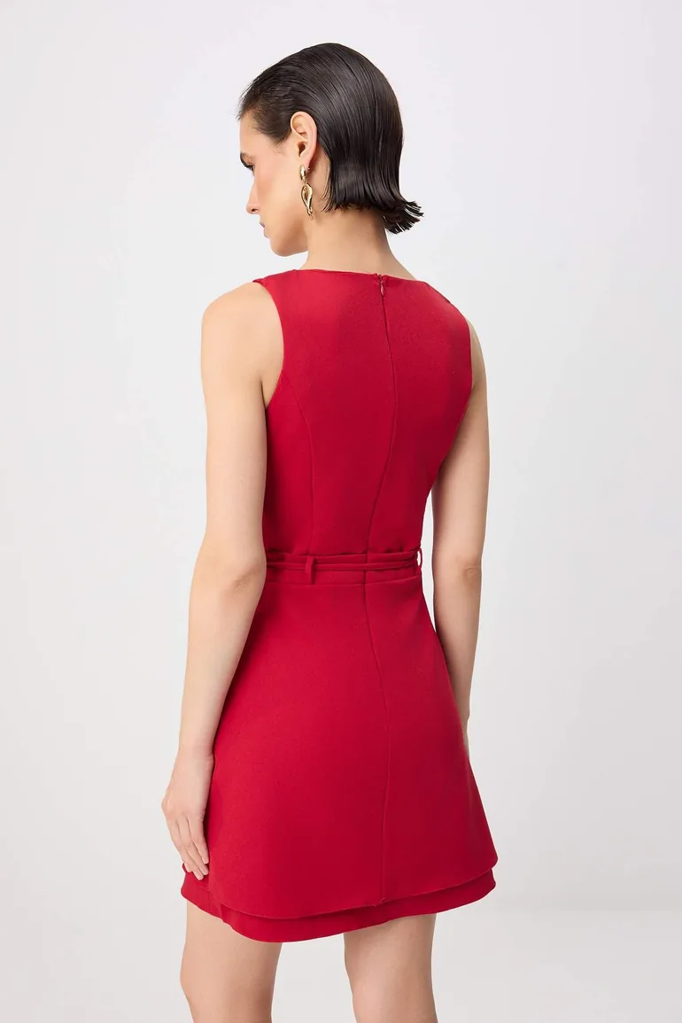 Red Plain Short / Mini Woven Dress - 3