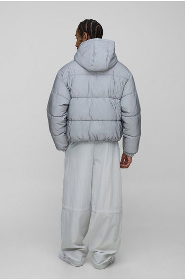 Oversized Boxy Crinkle Reflective Fabric Hooded Puffer Jacket - grey product thumbnail 2