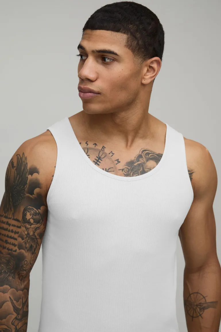 Basic Muscle Fit Ribbed Vest - white - 2