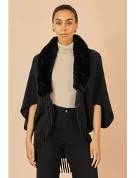 Yumi Black Fur Collar Shrug With Tassel Hem - 1