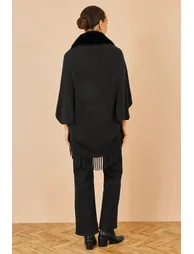 Yumi Black Fur Collar Shrug With Tassel Hem - 3