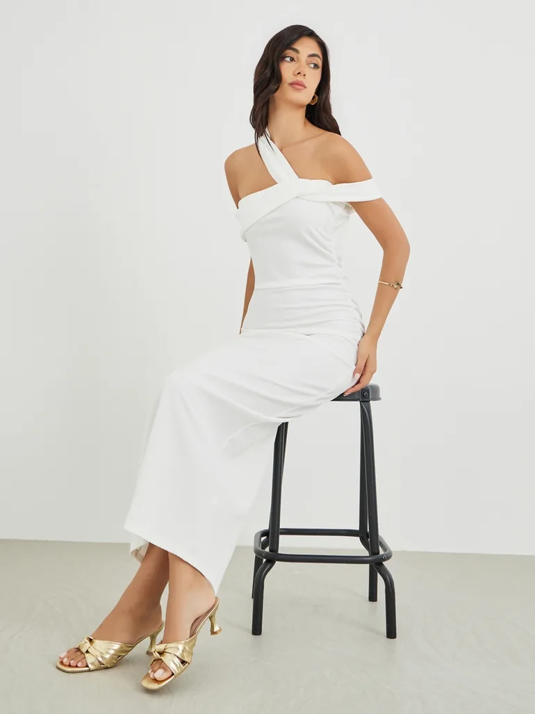 Solid Asymmetric Neckline Bodycon Maxi Dress - 1