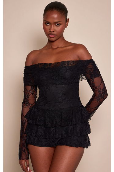 Black Lace Bardot Long Sleeve Skort Playsuit