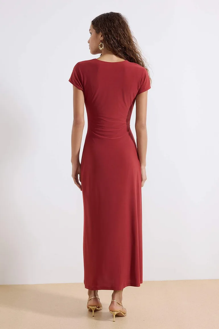 Tile A-Line/Bell-Shaped Form Degaje Collar Accessory Detail Maxi Stretchy Knitted Dress - 3