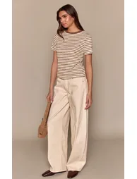 Light Brown Soft Rib Striped Detail  Fitted Short Sleeve Top