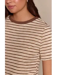 Light Brown Soft Rib Striped Detail  Fitted Short Sleeve Top - 3