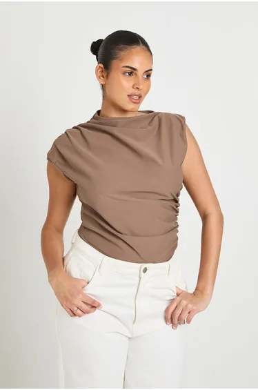 Plus Ruched Grown On Neck Bodysuit - mushroom