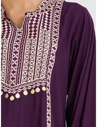 Embroidered Yoke Collared Jalabiya with Sequin Detail - 2