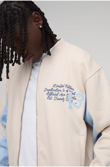 Boxy Fit Applique Jersey Varsity Bomber Jacket - ecru product thumbnail 3