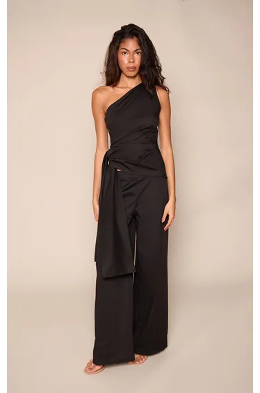 Black Poplin Drape Detail Top Co-ord
