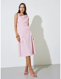 Pink Asymmetric Neck A-Line Midi Dress - 1