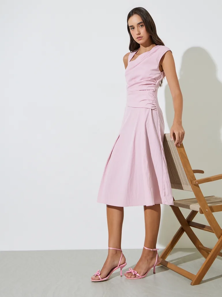 Pink Asymmetric Neck A-Line Midi Dress