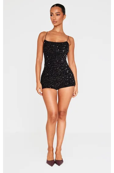 Petite Black Textured Sequin Playsuit