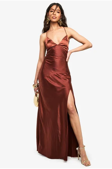 Satin Cross Back Maxi Slip Dress - chocolate