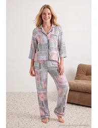 Mint-Multicolor Viscose Flat Shally Woven Pajamas Set - 2