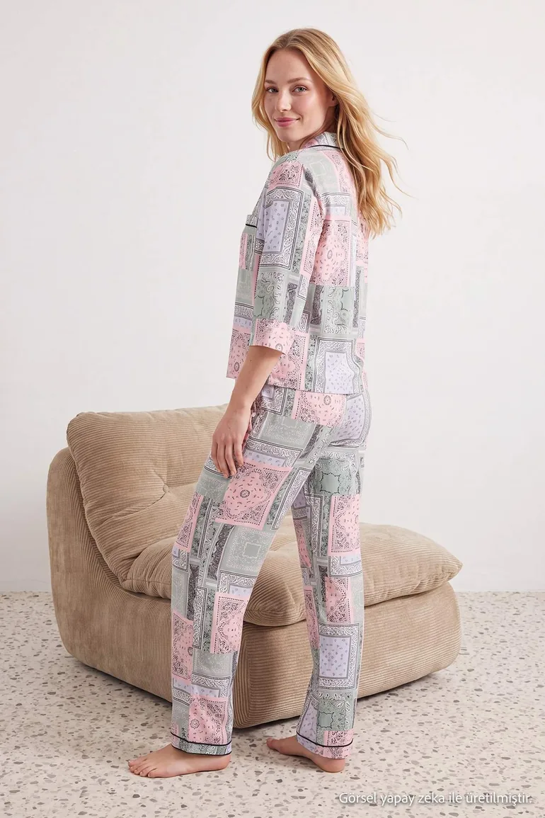 Mint-Multicolor Viscose Flat Shally Woven Pajamas Set - 3