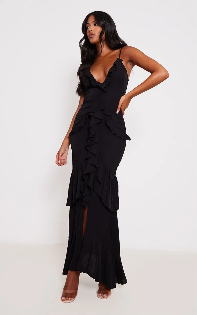 Tall Black Textured Frill Maxi Dress - 2