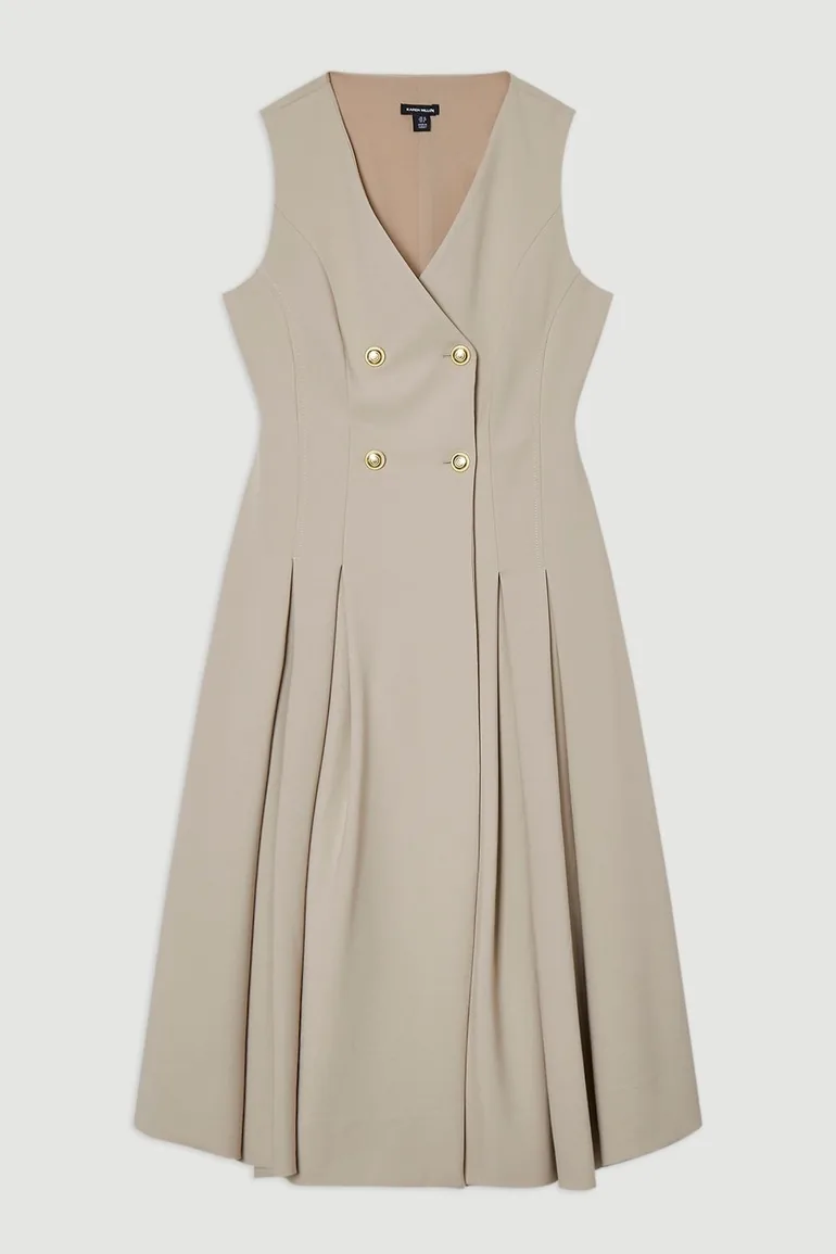 Compact Stretch Sleeveless Full Skirted Button Front Tailored Midi Dress - 3