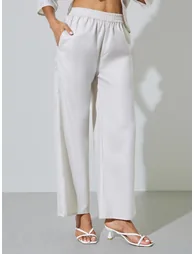 Grey Solid Stand Collar Top and Wide Leg Trousers Modest Set - 4
