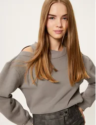 Cut Out Detail Sweatshirt Long Sleeve Crew Neck Cotton Blend Soft Interior - 1