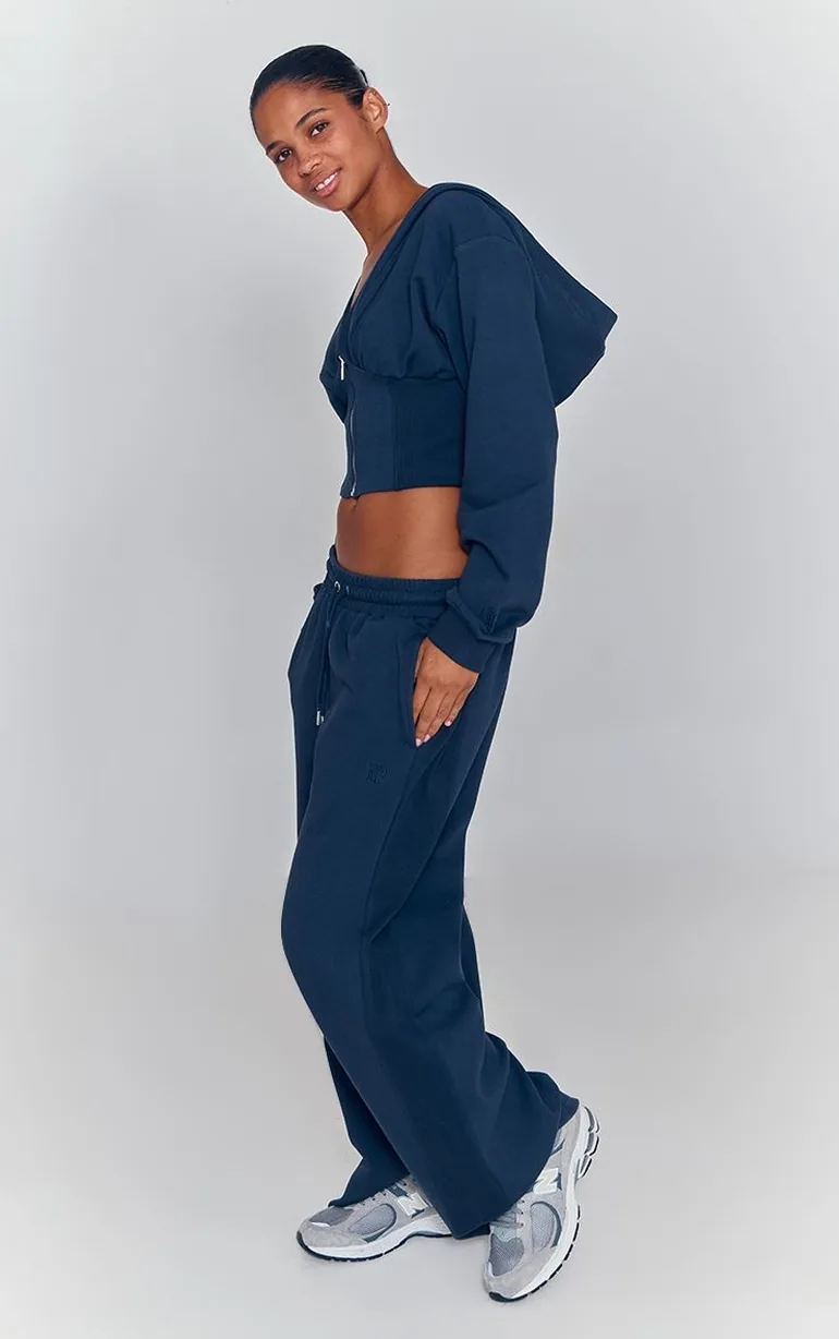 Navy PLT Embroidered Interlock Rib Panel Wide Leg Joggers - 1