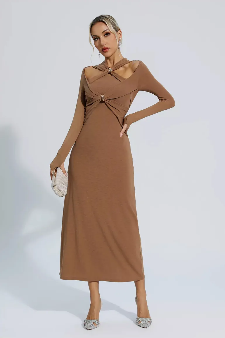 Kendra Brown Knit Long Sleeve Maxi Dress - 6