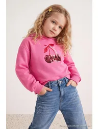 Pink Sequined Printed Girl's Knitted Sweatshirt - 4