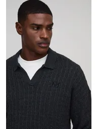 Relaxed Fit Cable Knit V Neck Knitted Polo - charcoal - 2