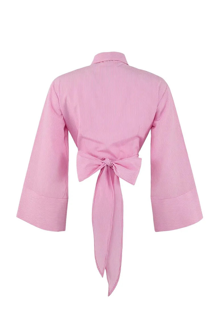 Pink Striped Back Tie Crop/Short Shirt - 1