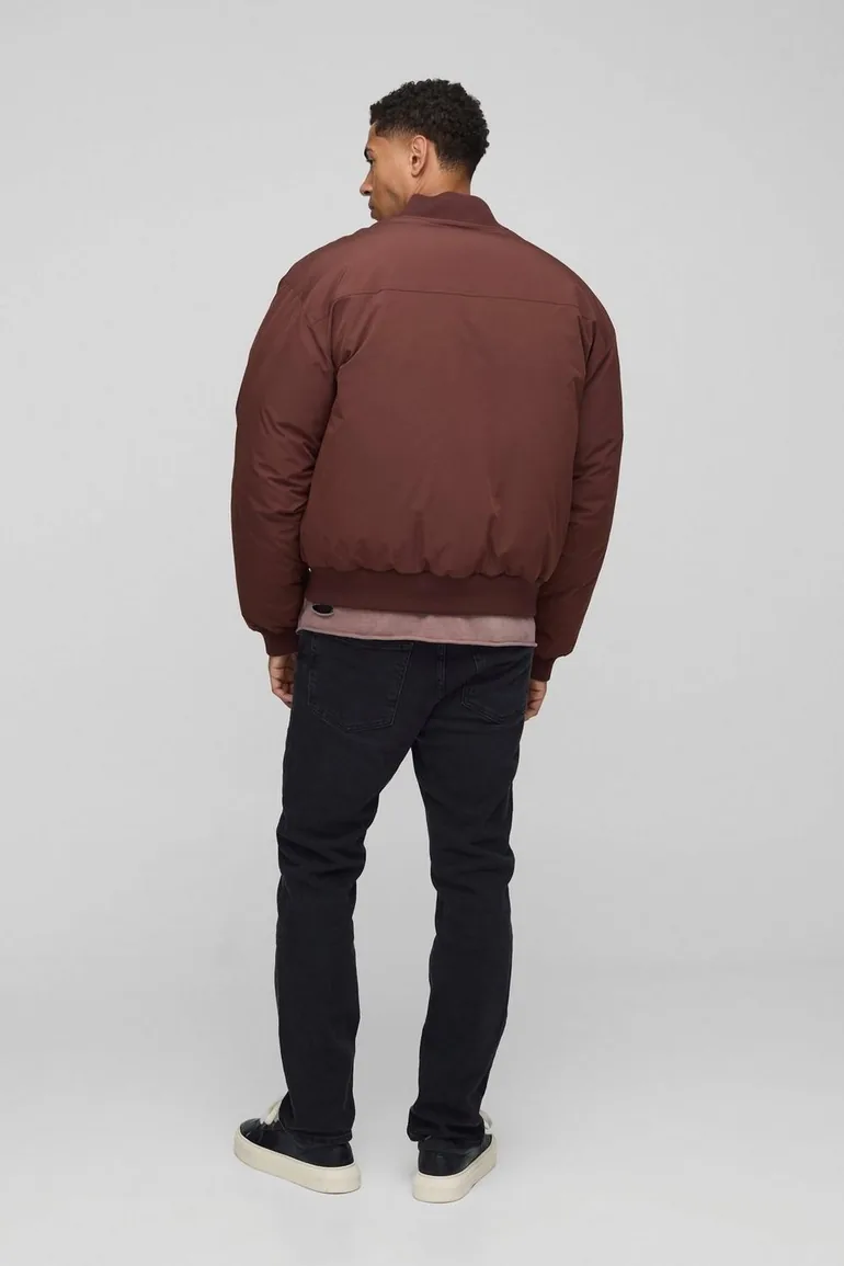 Oversized Seam Detail Peached Nylon Bomber Jacket - rust - 1