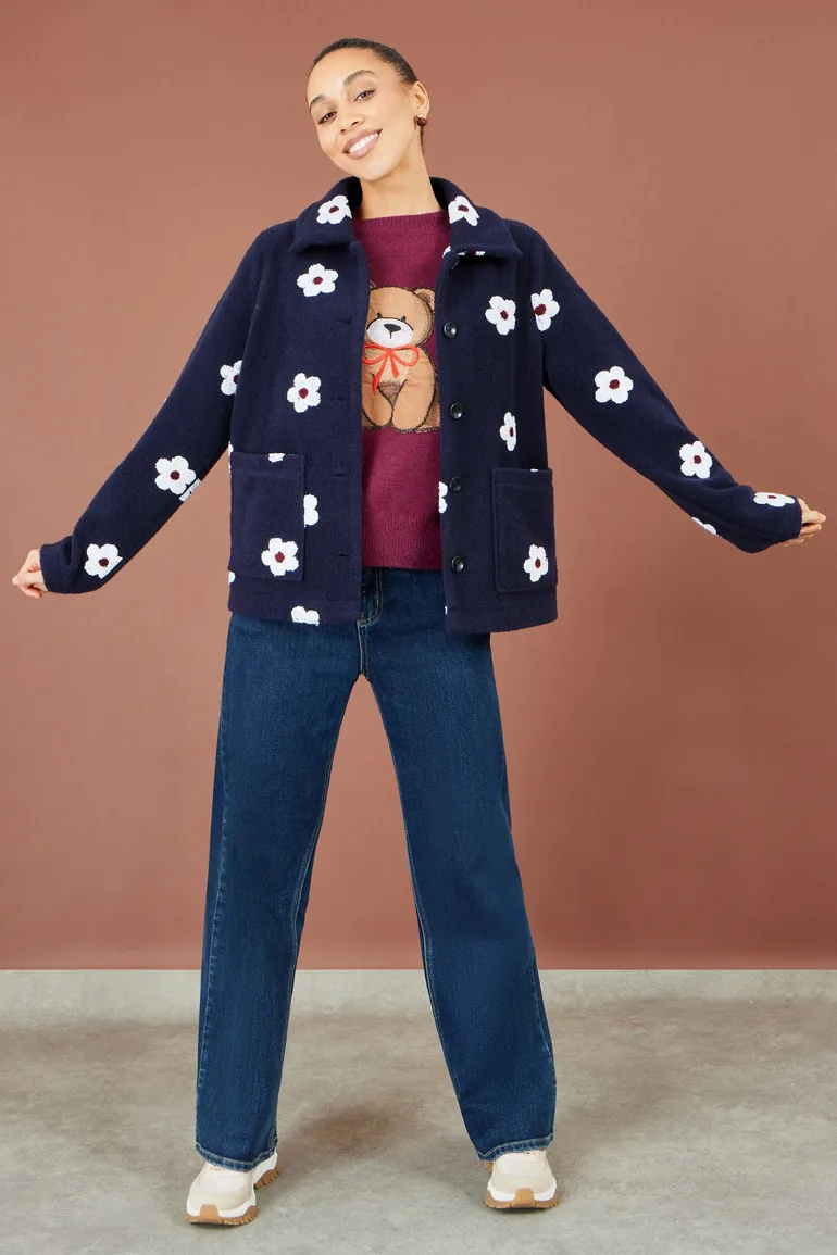 Yumi Navy Embroiderd Daisy Fleece Jacket