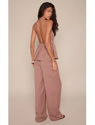 Taupe Linen Look Halter Neck Peplum Jumpsuit - 1