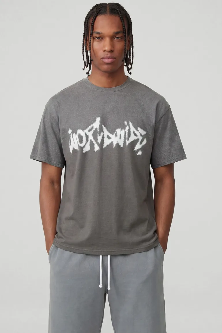 Charcoal Oversized Worldwide Graffiti Print Spray Wash T-Shirt - charcoal - 1