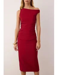 Burgundy Striped Body-hugging Gathered / Draped Midi Woven Dress - 2