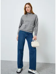 Women Solid Pocket Detail Long Sleeve Sweater - 1