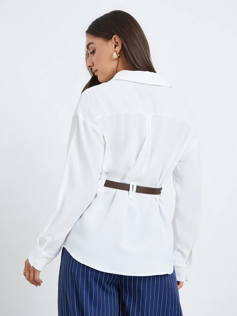 Women White Plain Long Sleeve Shirt with Belt - 4