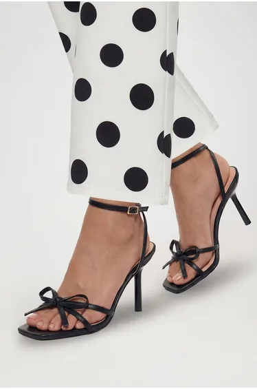 Black Faux Leather Barely There Bow Medium Stiletto Heel Sandals