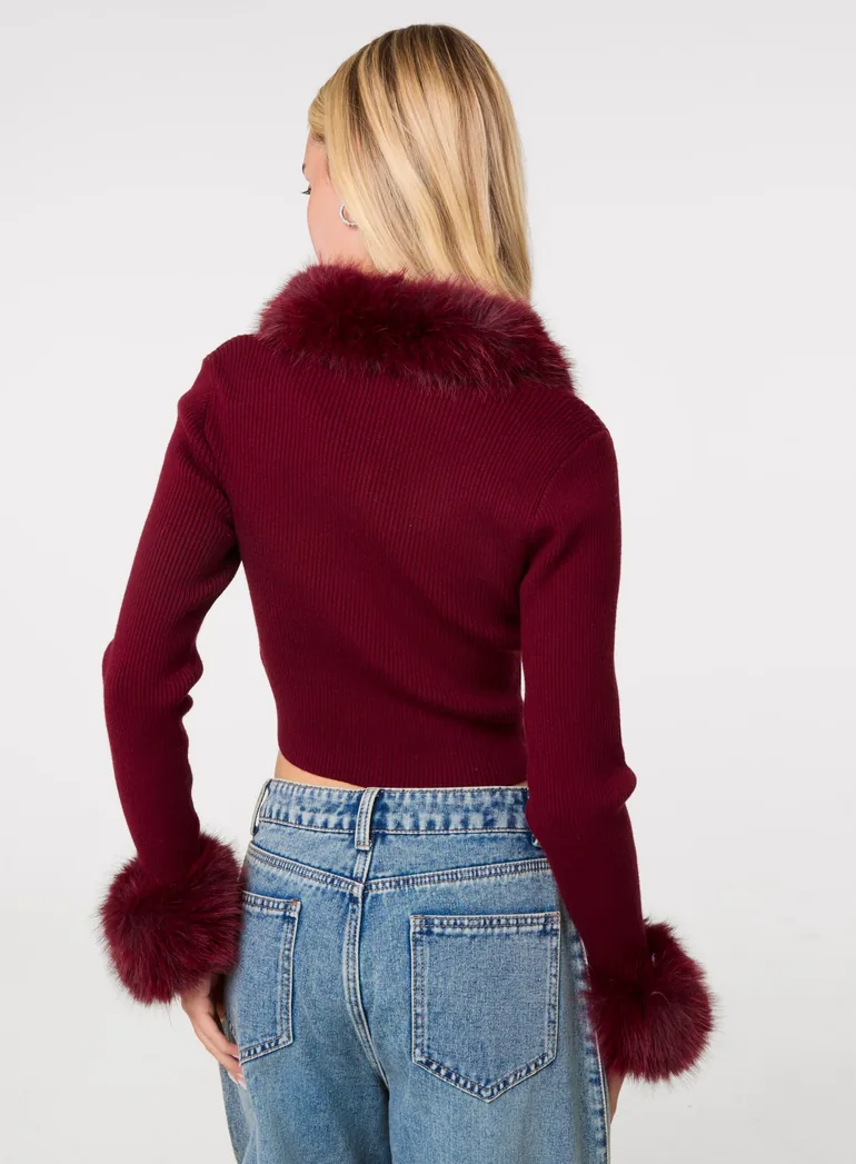 Fur Trim Zip Through Cardigan - 3