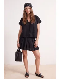 Black Linen Skirt Blouse Woven Bottom - Top Set - 2
