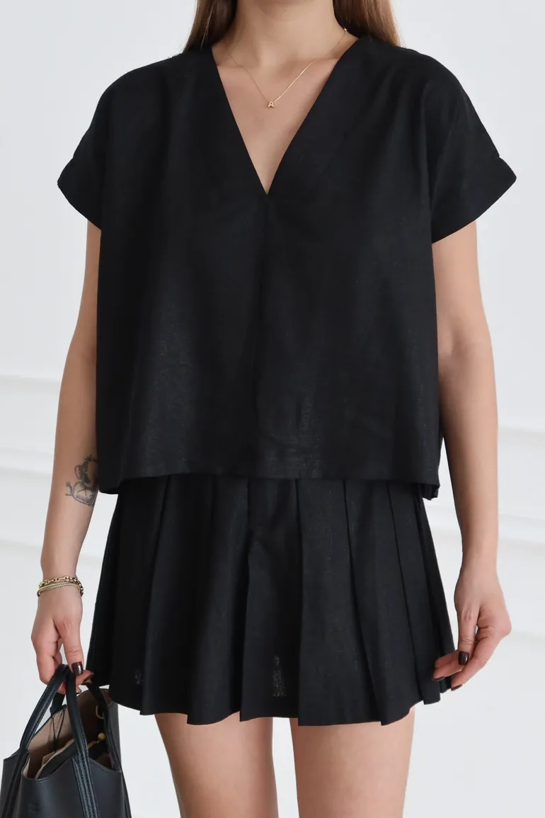 Black Linen Skirt Blouse Woven Bottom - Top Set - 6