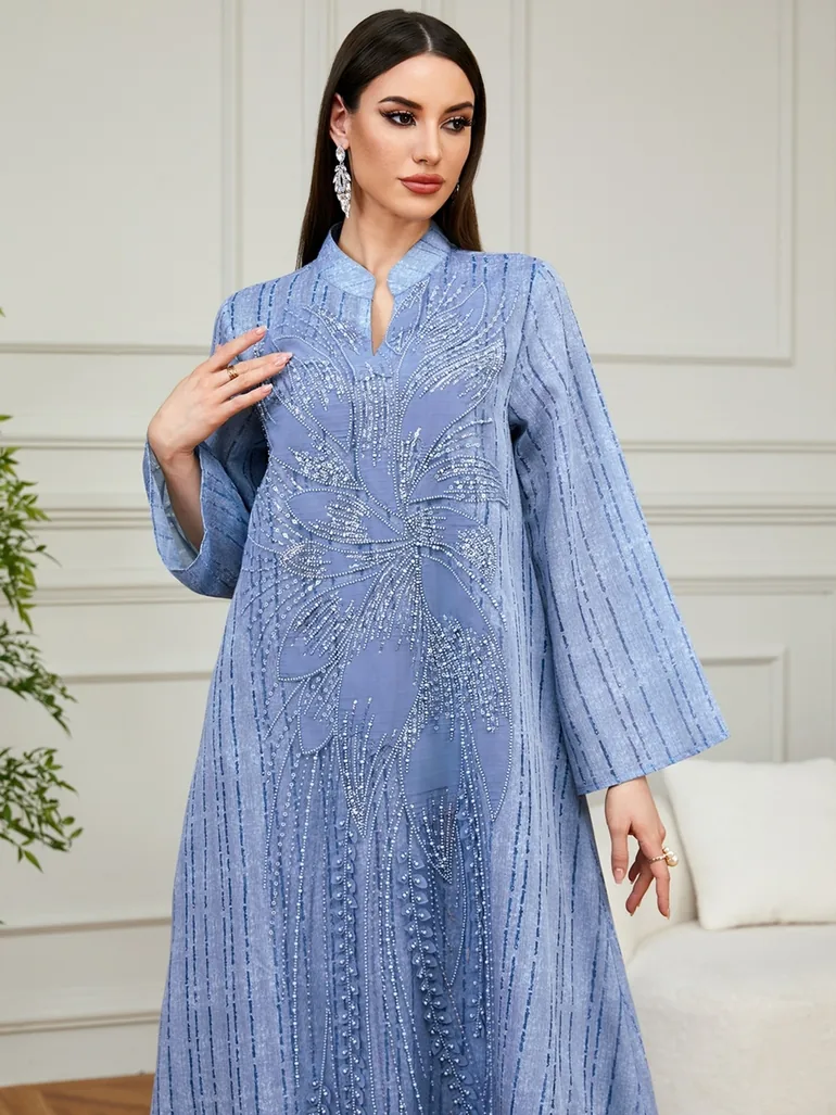 Blue Sequin Embellished A-Line Jalabiya - 4
